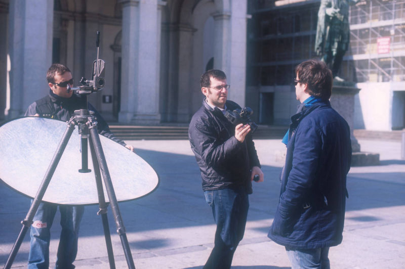 Interview, outside location, in Milan. Noah Smith organising the camera balance using colour temperature.