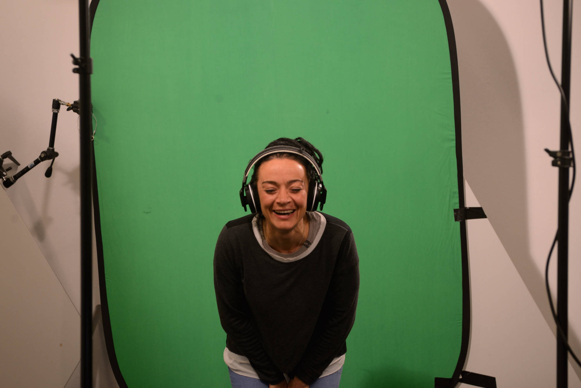 Producer Monica Lombardi and executive producer in San Francisco try out the green screen